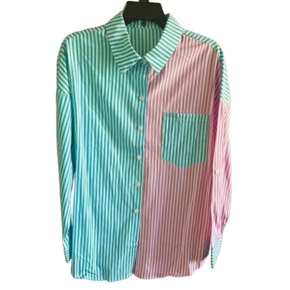 Teal and Pink Button up striped top. Size medium.